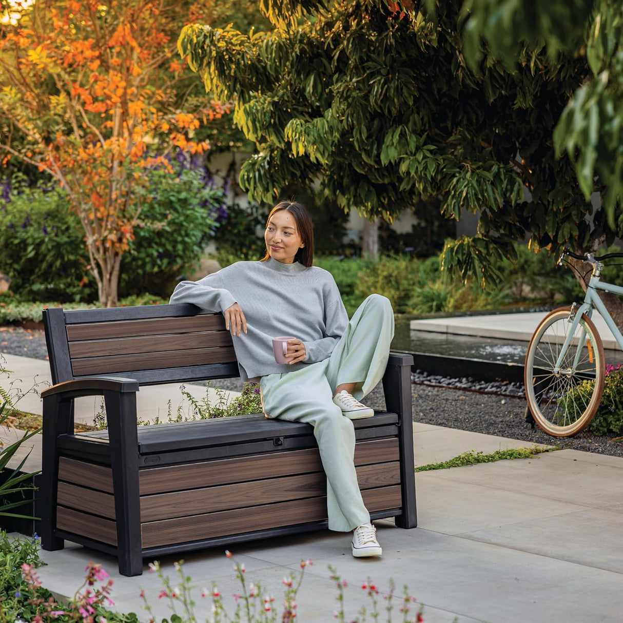 Signature Outdoor Storage Bench 227L – Seats 2, Wood-Look Resin, Weather-Resistant