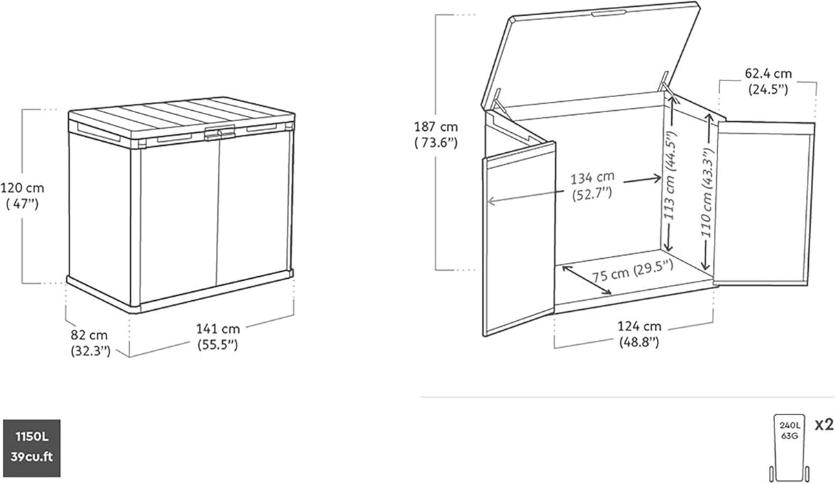 1150L Outdoor Garden Storage Box – Lockable Weatherproof Resin Shed for Tools, Bins & BBQ