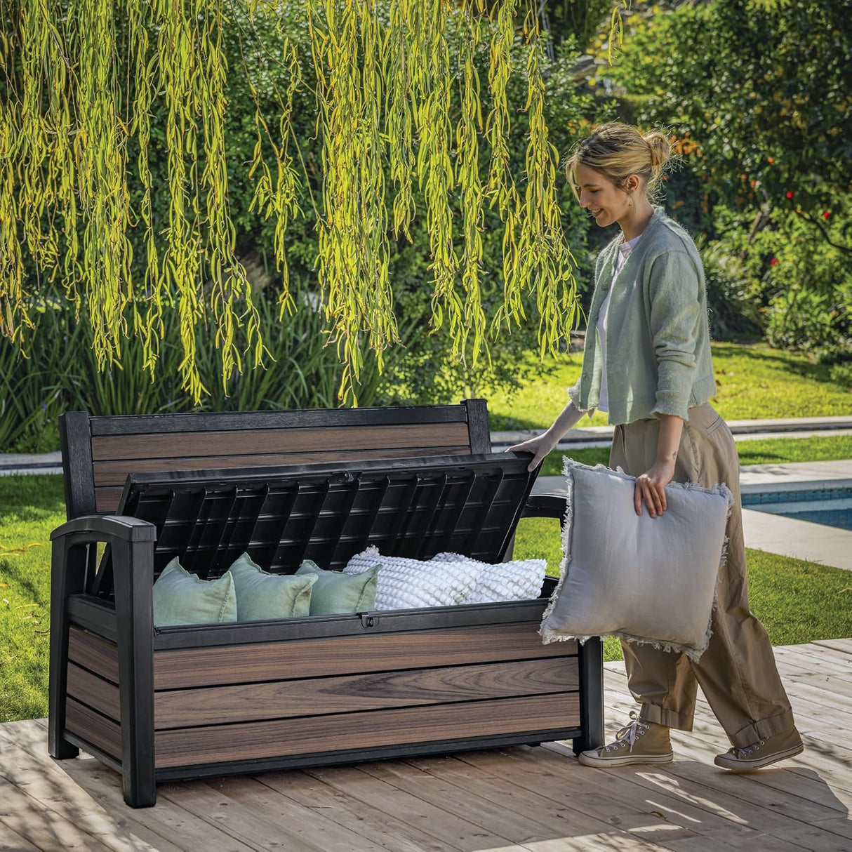 Signature Outdoor Storage Bench 227L – Seats 2, Wood-Look Resin, Weather-Resistant