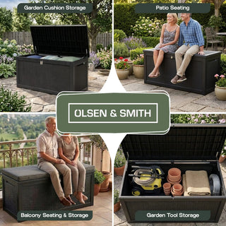 980L XXL Garden Storage Box by Olsen & Smith – Extra Large Outdoor Storage Chest, Weather Resistant Recycled Plastic Storage Container, Lockable Cushion & Garden Furniture Storage Box